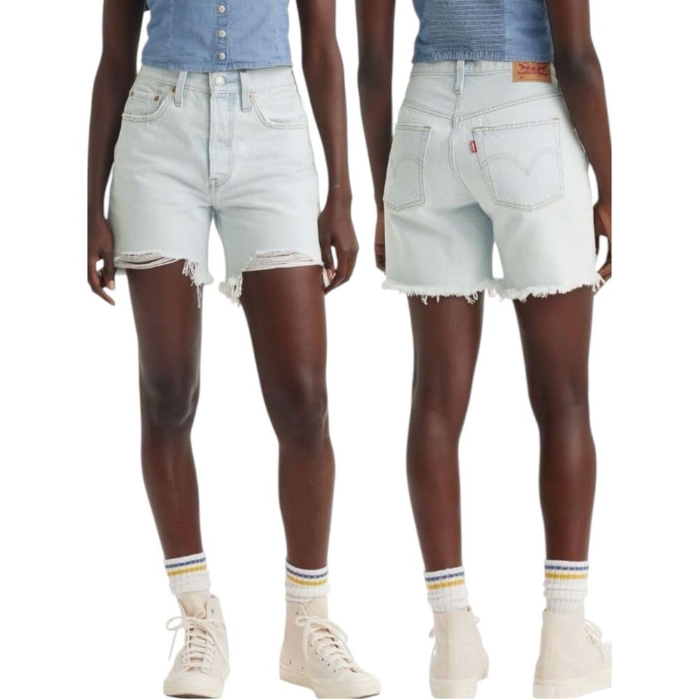 Levi’s 501 Mid Thigh Shorts High Rise Light Wash Button Fly Distresses Denim NWT - Picture 7 of 13